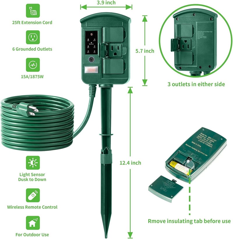 QITIM Outdoor Power Stake Timer for Christmas Light Decorations Waterproof, Dusk to Dawn, Outdoor Power Strip with 6 Outlets, 1875W/15A, 100FT Wireless Remote Control, 25FT Extension Cord, Heavy Duty - Image 5